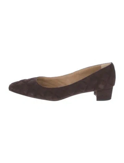 Pre-owned Ann Mashburn Suede Floral Print Pumps In Brown