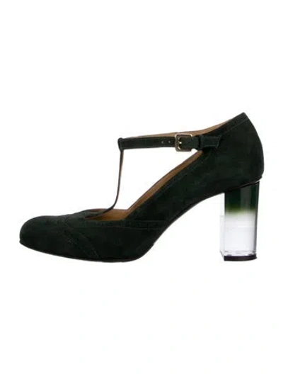Pre-owned Ann Mashburn Suede T-strap Pumps In Green