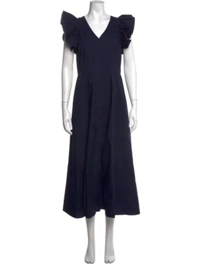 Pre-owned Ann Mashburn V-neck Midi Length Dress In Blue