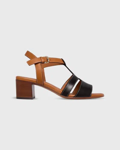 Ann Mashburn Women's Square Toe T-strap Heel In Black/caramel Leather In Multi