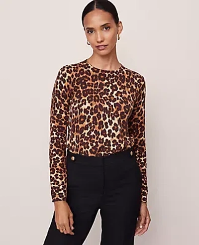 Ann Taylor Animal Print Essential Crew Neck Sweater In Brown