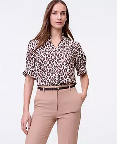 Ann Taylor Animal Print Ruffle Collar Shirt In White