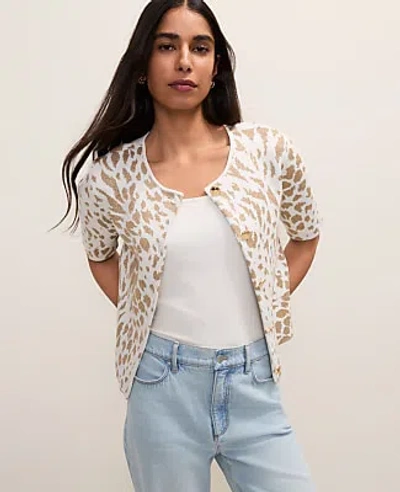 Ann Taylor Animal Print Short Sleeve Cardigan In White