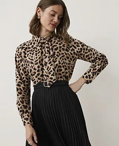 Ann Taylor Animal Print Tie Neck Blouse In Cafe Au Lait B