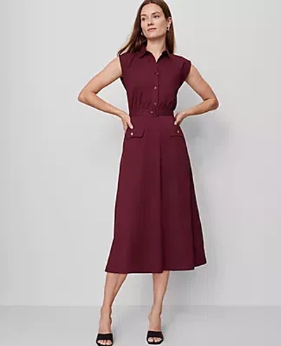 Ann Taylor Belted Flare Midi Shirtdress In Burgundy