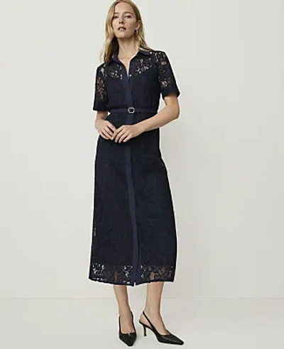 Ann Taylor Belted Lace Midi Shirtdress In Night Sky