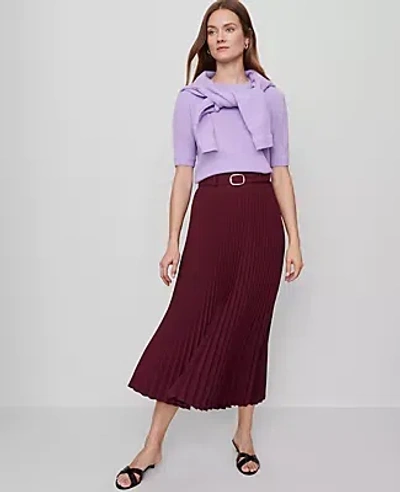 Ann Taylor Belted Pleated Midi Skirt In Burgundy