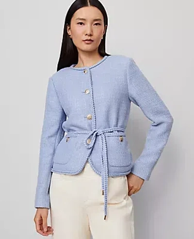 Ann Taylor Belted Tweed Crew Neck Jacket In Blue