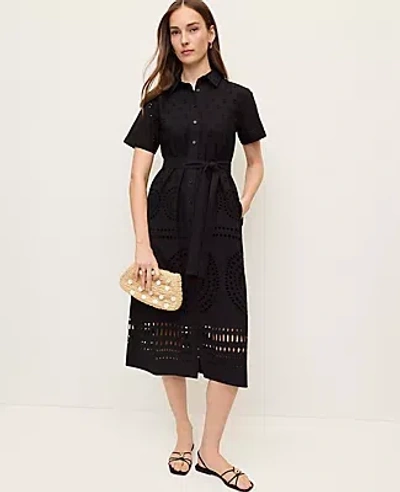 Ann Taylor Blted Eyelet Midi Shirtdress In Black