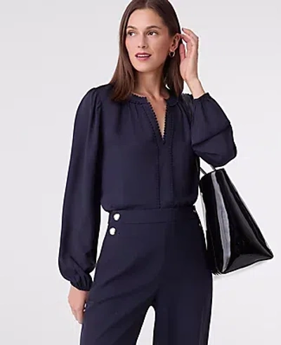 Ann Taylor Bobble Trim V-neck Blouse In Blue