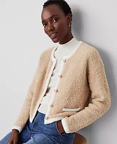 Ann Taylor Boucle Contrast Trim Sweater Jacket In Camel/white Combo