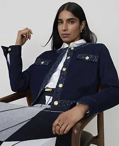 Ann Taylor Bouclé Trimmed Denim Jacket In Bright Indigo Wash