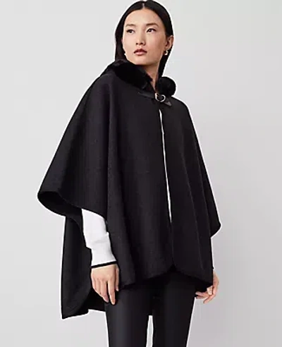 Ann Taylor Buckle Faux Fur Hooded Poncho In Black