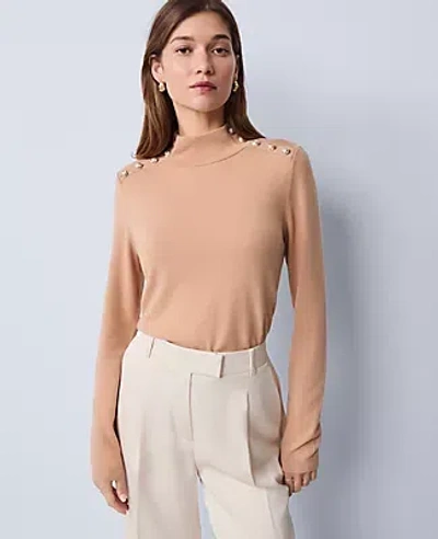 Ann Taylor Button Mock Neck Sweater In Brown