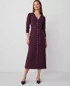Ann Taylor Button V-neck Flare Knit Midi Dress In Plum Rose