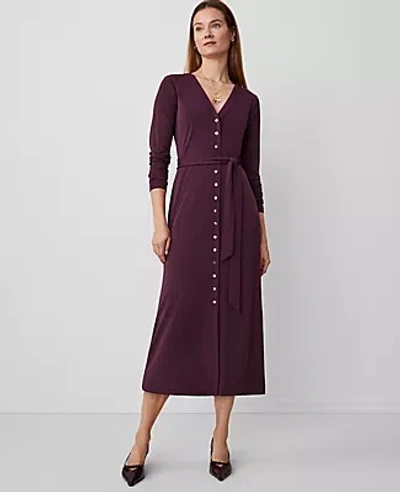 Ann Taylor Button V-neck Flare Knit Midi Dress In Plum Rose