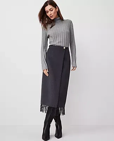 Ann Taylor Button Waist Wrap Fringe Midi Skirt In Charcoal Stone Melange