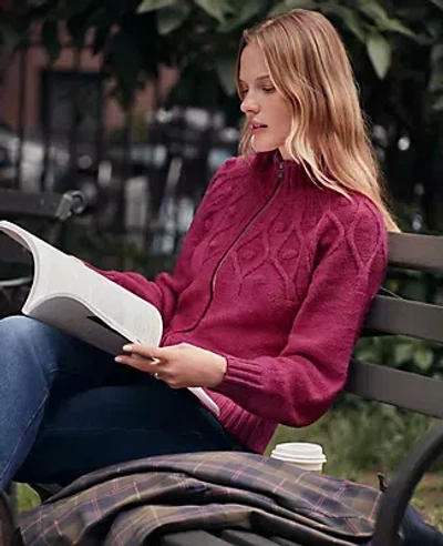 Ann Taylor Cable Bomber Sweater Jacket In Burgundy