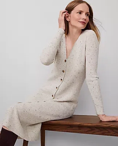 Ann Taylor Cashmere Ribbed Cardigan Dress In Cream Speckle