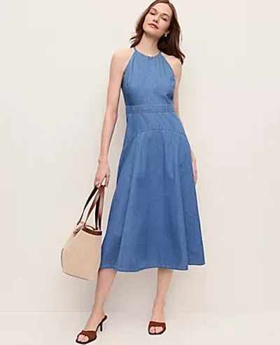 Ann Taylor Chambray Halter Flare Midi Dress In Blue