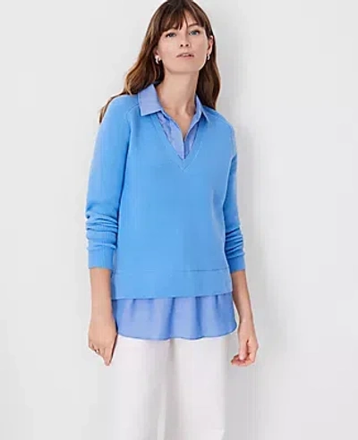 Ann Taylor Chambray Layered Mixed Media Sweater In Blue Multi