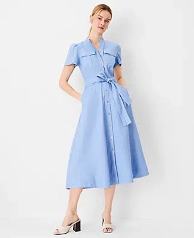 Ann Taylor Chambray Linen Blend Midi Pocket Shirtdress In Blue Yonder