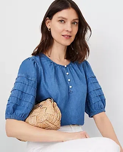 Ann Taylor Chambray Pleated Puff Sleeve Blouse In Light Blue Chambray