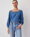 Ann Taylor Chambray Puff Sleeve Blouse In Light Blue Chambray