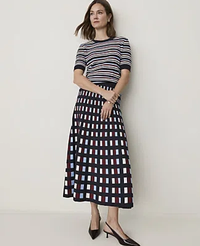 Ann Taylor Checked Pleated Midi Sweater Skirt In Blue Multi
