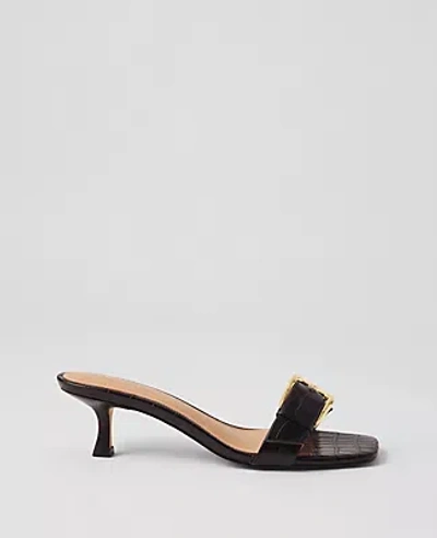 Ann Taylor Chunky Buckle Embossed Kitten Heel Sandals In Black