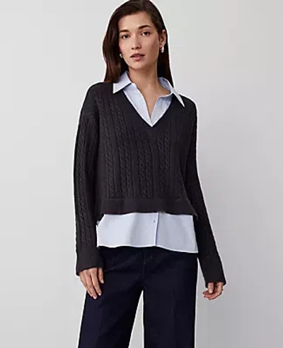 Ann Taylor Collared Mixed Media Sweater In Heathered Onyx