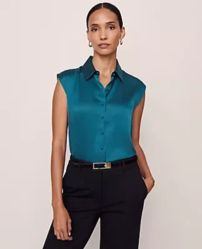 Ann Taylor Collared Satin Blouse In Blue
