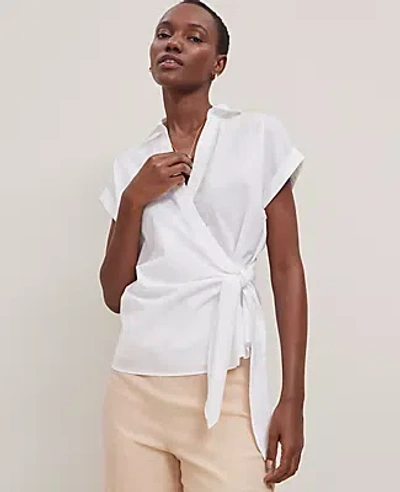 Ann Taylor Collared Tie Waist Top In White
