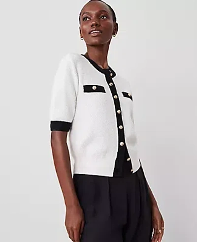Ann Taylor Contrast Stitch Cardigan In White/black Multi