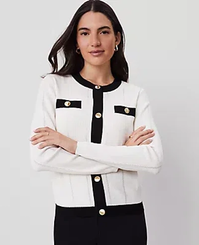 Ann Taylor Contrast Trim Cardigan In White/black Multi