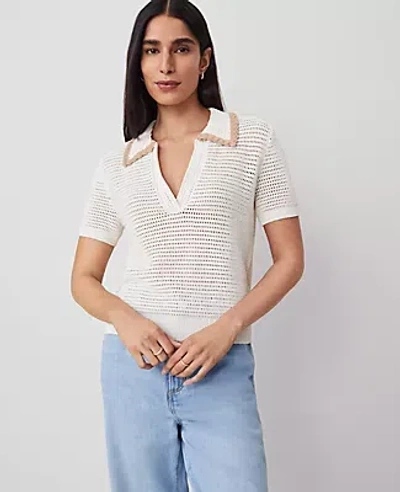 Ann Taylor Contrast Trim Crochet-collar Tee In Winter White
