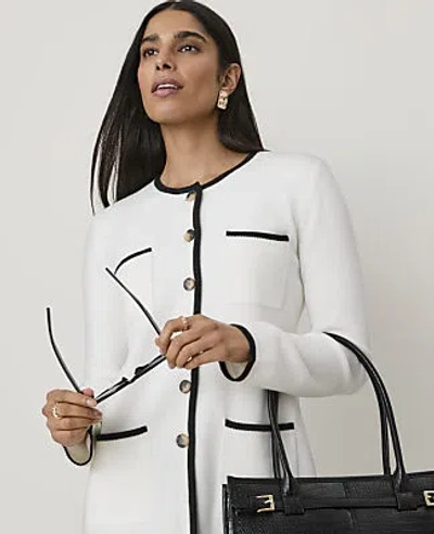 Ann Taylor Contrast Trim Longline Cardigan In Winter White