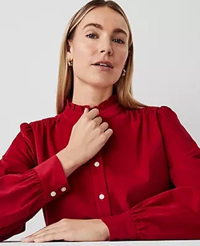 Ann Taylor Corduroy Ruffle Neck Shirt In Gingham Red