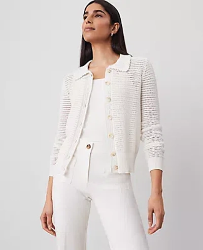 Ann Taylor Crochet-collar Cardigan In Winter White