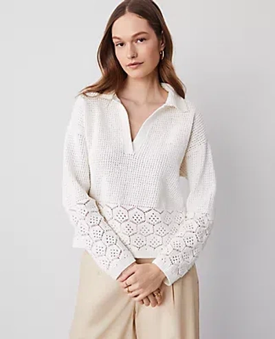 Ann Taylor Crochet Collared Sweater In White