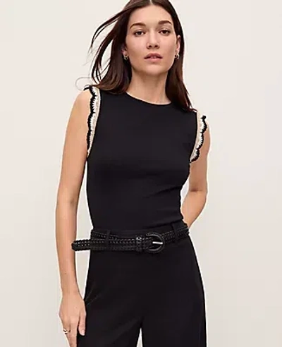 Ann Taylor Crochet Trim Crew Neck Top In Black