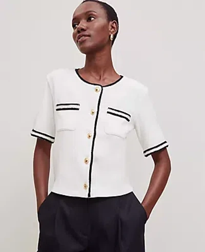 Ann Taylor Crochet Trim Knit Jacket In Winter White