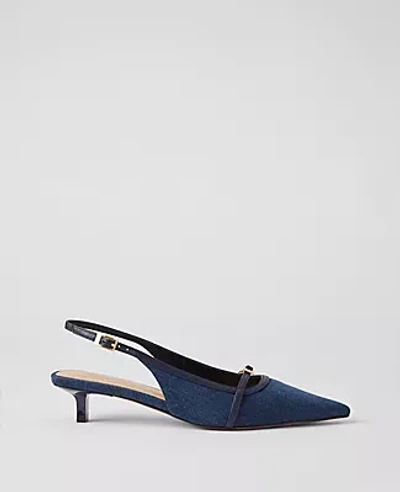 Ann Taylor Denim Buckle Kitten Heel Pumps In Dark Denim Blue