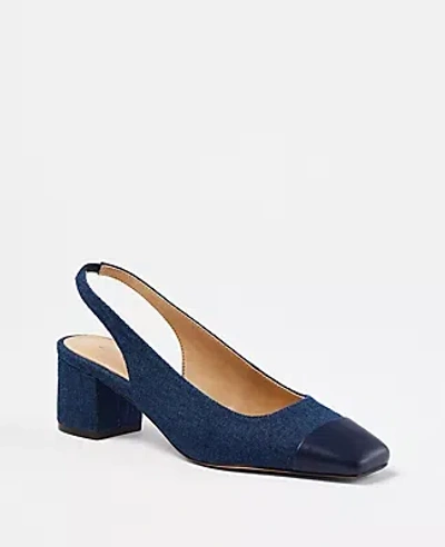 Ann Taylor Denim Cap Toe Block Heel Slingback Pumps In Dark Denim Blue