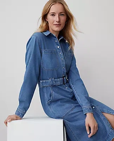 Ann Taylor Denim Collared Column Midi Dress In Bright Medium Stone Wash