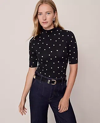 Ann Taylor Dotted Mock Neck Elbow Sleeve Top In Brown