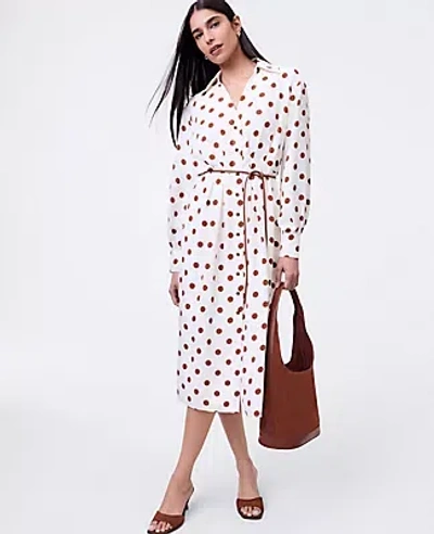 Ann Taylor Dotted Satin Midi Shirtdress In Brown