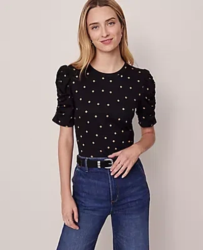 Ann Taylor Dotted Shirred Sleeve Top In Brown