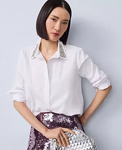 Ann Taylor Embellished Relaxed Perfect Shirt In White