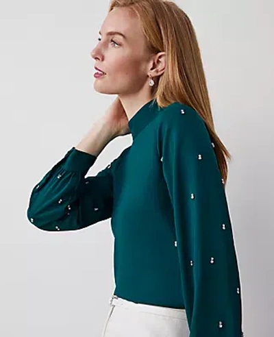Ann Taylor Embellished-sleeve Mock-neck Top In Rainforest